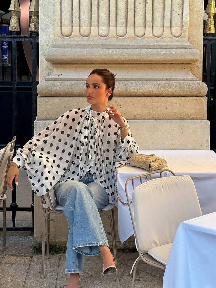 CM-TS417563 Women Elegant Seoul Style Bowknot Lantern Sleeve Polka Dot Pattern Pleated Blouse - White