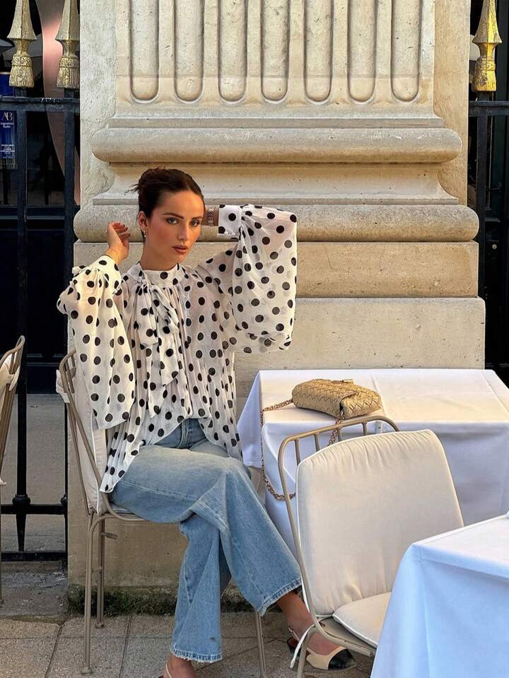 CM-TS417563 Women Elegant Seoul Style Bowknot Lantern Sleeve Polka Dot Pattern Pleated Blouse - White