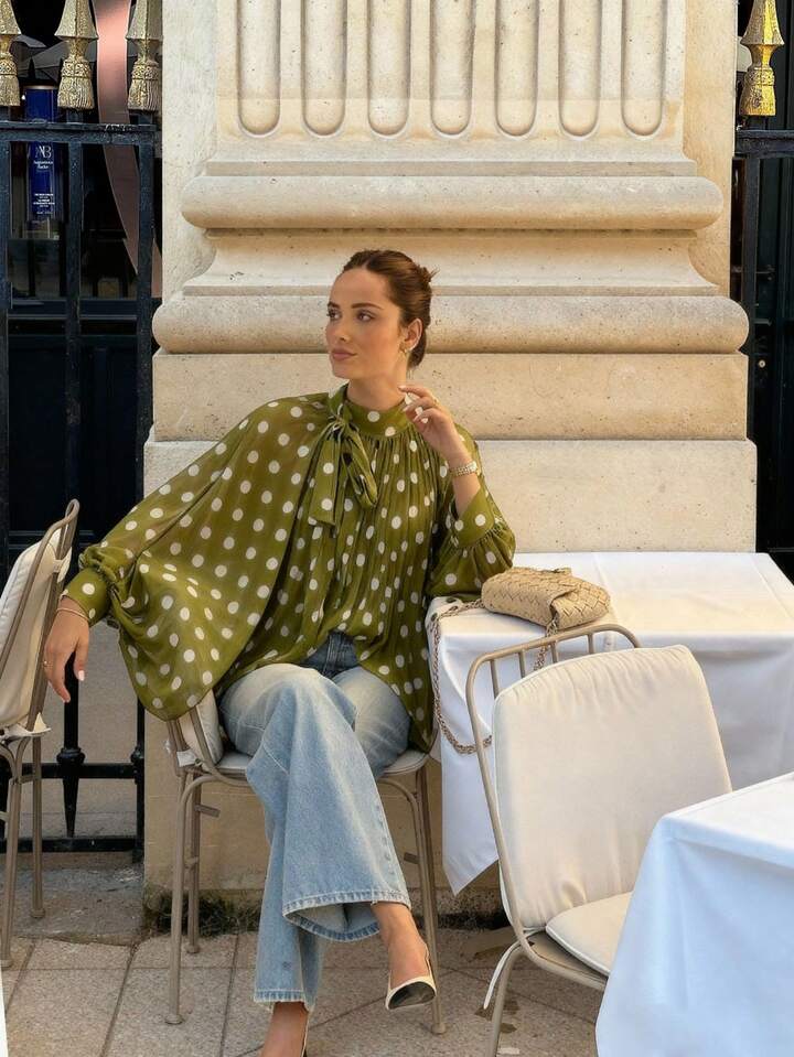 CM-TS487684 Women Elegant Seoul Style Bowknot Lantern Sleeve Polka Dot Pattern Pleated Blouse - Dark Green