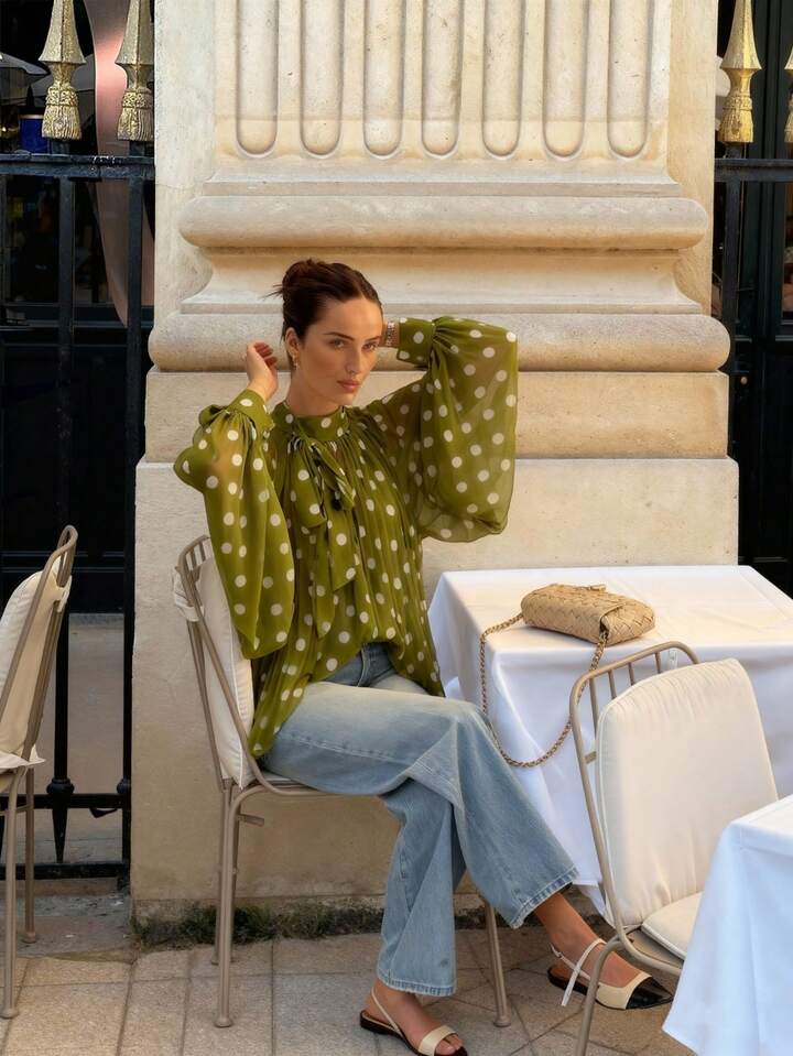CM-TS487684 Women Elegant Seoul Style Bowknot Lantern Sleeve Polka Dot Pattern Pleated Blouse - Dark Green