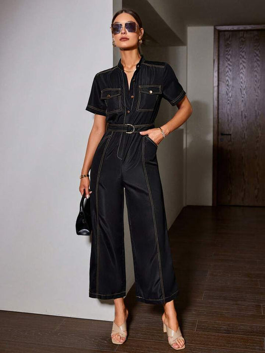 CM-JS220699 Women Elegant Seoul Style Notched Neckline Colorblock Belted Wide Leg Jumpsuit - Black