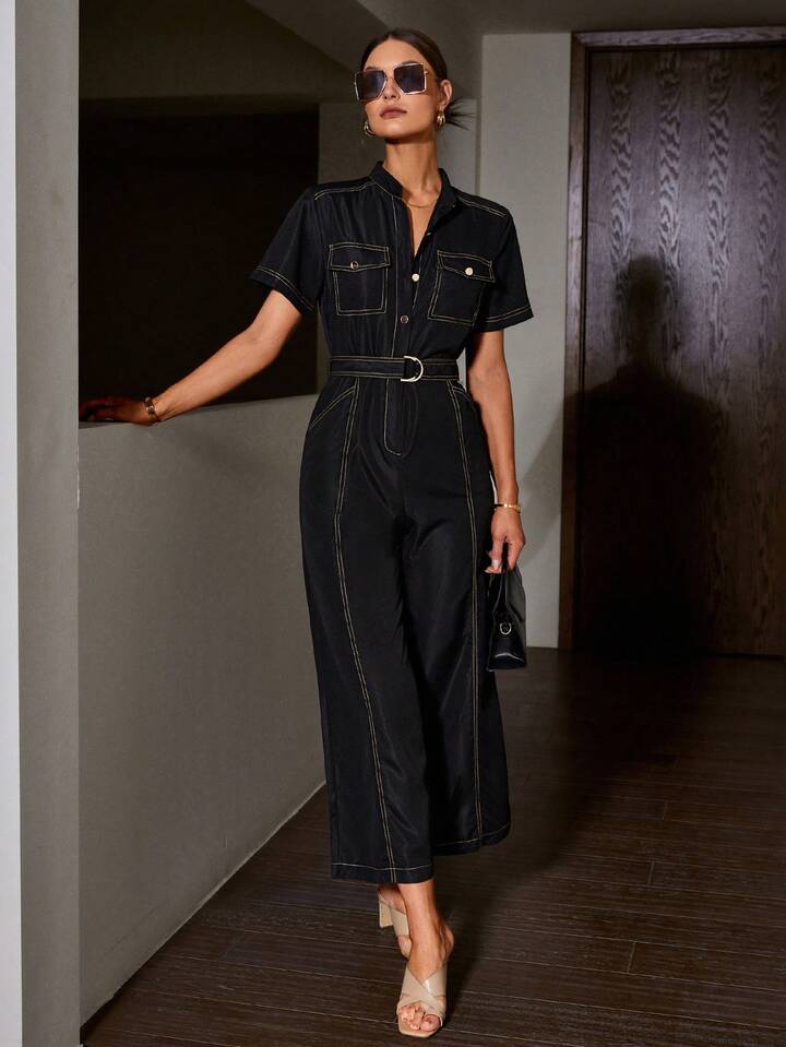 CM-JS220699 Women Elegant Seoul Style Notched Neckline Colorblock Belted Wide Leg Jumpsuit - Black