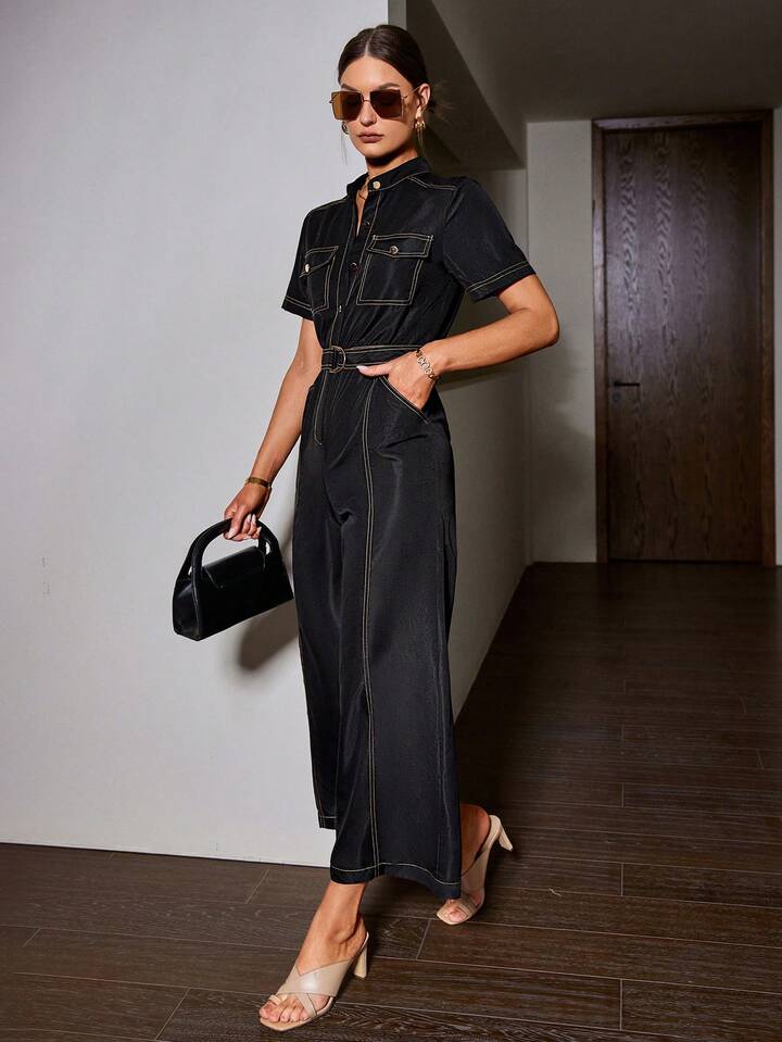 CM-JS220699 Women Elegant Seoul Style Notched Neckline Colorblock Belted Wide Leg Jumpsuit - Black