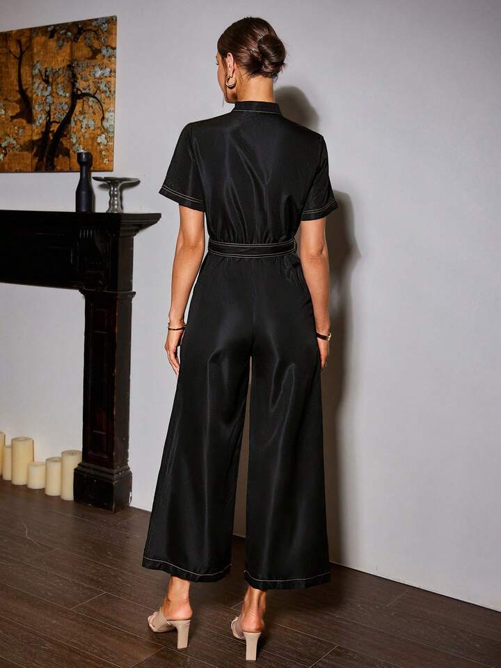 CM-JS220699 Women Elegant Seoul Style Notched Neckline Colorblock Belted Wide Leg Jumpsuit - Black