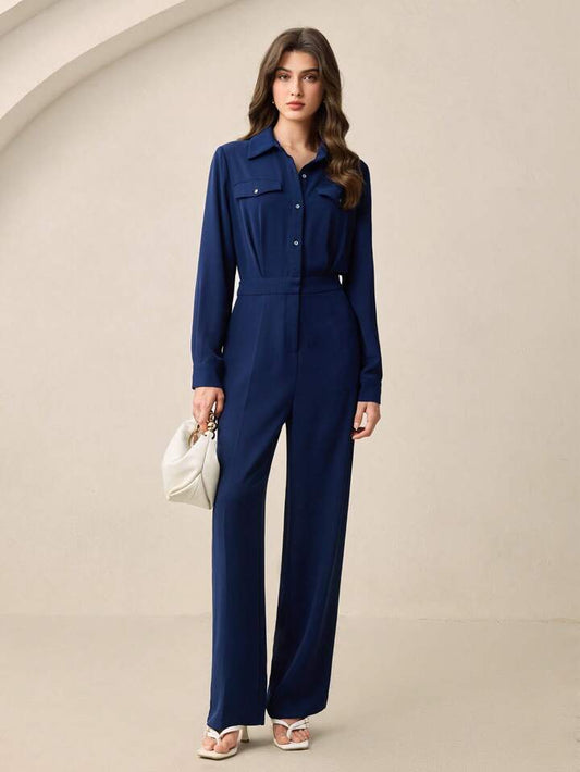 CM-JS050770 Women Elegant Seoul Style Collar Neckline Long Sleeve High Waist Belted Jumpsuit - Navy Blue