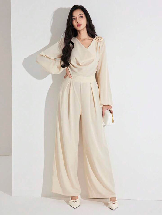 CM-JS907653 Women Elegant Seoul Style Solid Color 3D Floral Decor V-Neck Long Sleeve Jumpsuit