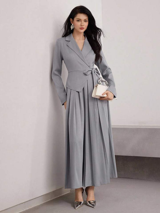 CM-JS128443 Women Elegant Seoul Style Collar Neckline Long Sleeve Waist Cinched Jumpsuit - Gray