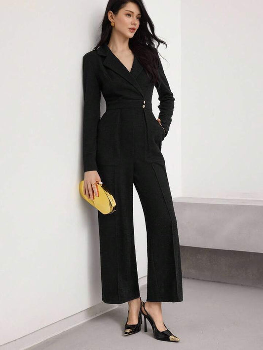 CM-JS487389 Women Elegant Seoul Style Solid Color Lapel Neckline Long Sleeve Pleated Wide Leg Jumpsuit