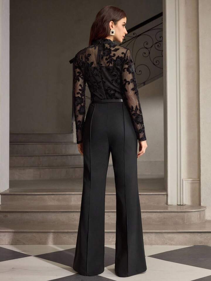 CM-JS153542 Women Elegant Seoul Style Stand Collar Long Sleeve Lace Patchwork Embroidered Jumpsuit
