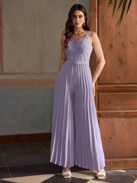 CM-JS421455 Women Elegant Seoul Style Straps Neckline Sleeveless Gathered Waist Ruched Jumpsuit - Purple