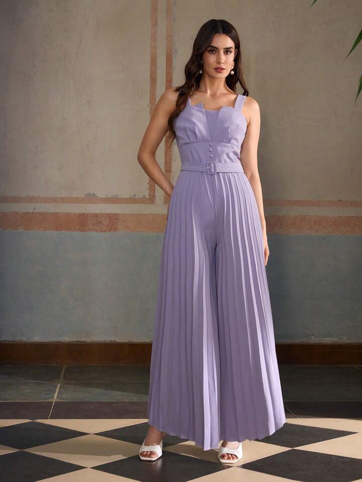 CM-JS421455 Women Elegant Seoul Style Straps Neckline Sleeveless Gathered Waist Ruched Jumpsuit - Purple