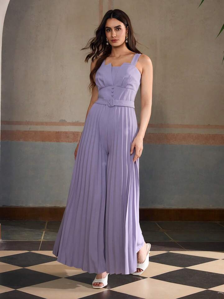 CM-JS421455 Women Elegant Seoul Style Straps Neckline Sleeveless Gathered Waist Ruched Jumpsuit - Purple