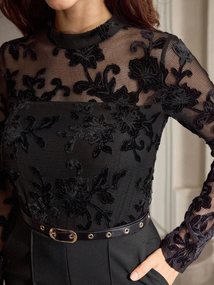 CM-JS153542 Women Elegant Seoul Style Stand Collar Long Sleeve Lace Patchwork Embroidered Jumpsuit