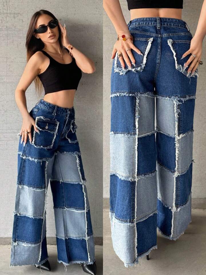 CM-BS951466 Women Casual Seoul Style Low Waist Loose Fit Frayed Hem Jeans - Blue
