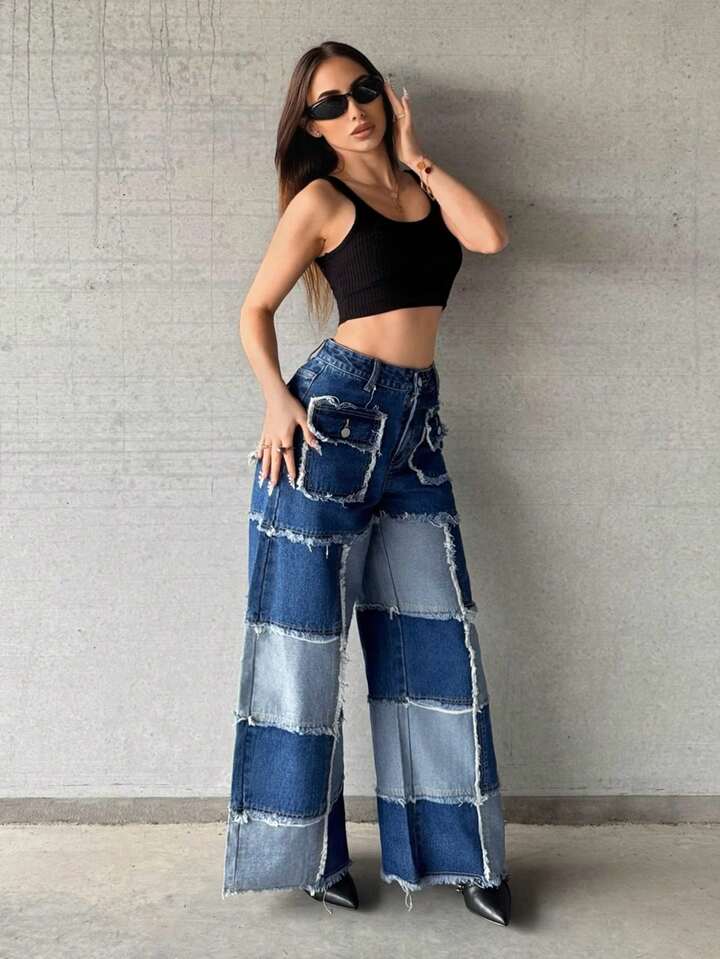 CM-BS951466 Women Casual Seoul Style Low Waist Loose Fit Frayed Hem Jeans - Blue