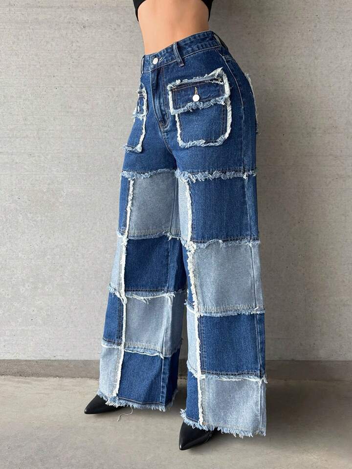 CM-BS951466 Women Casual Seoul Style Low Waist Loose Fit Frayed Hem Jeans - Blue