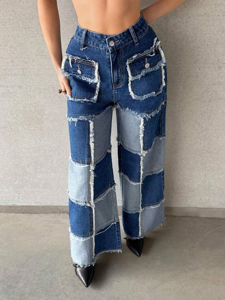 CM-BS951466 Women Casual Seoul Style Low Waist Loose Fit Frayed Hem Jeans - Blue