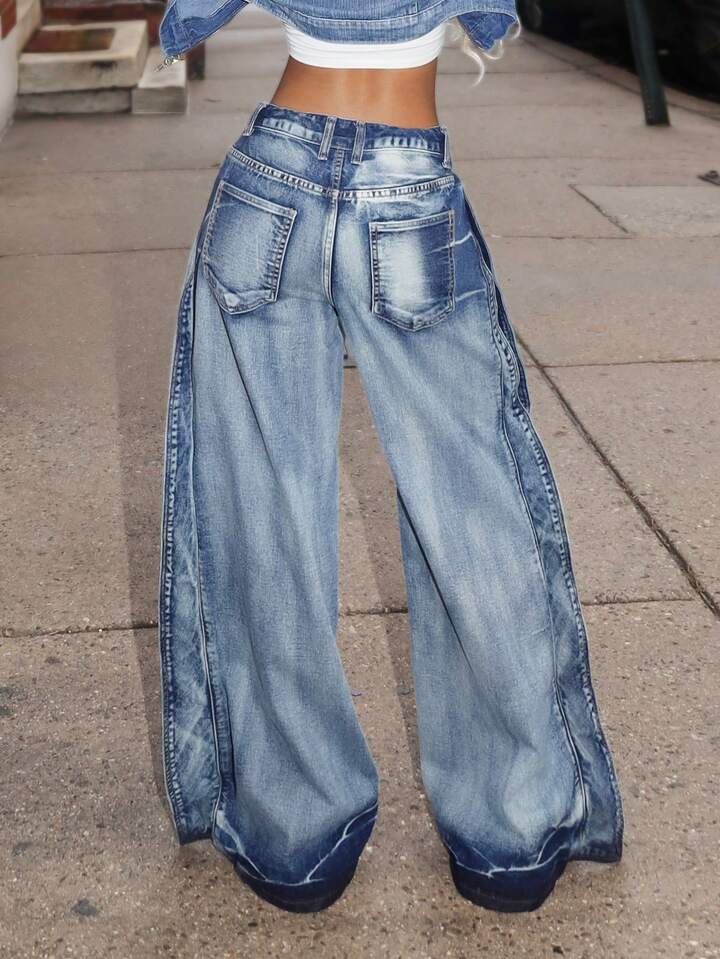 CM-BS561986 Women Casual Seoul Style Low Waist Pocket Loose Extra Long Wide Leg Jeans - Blue