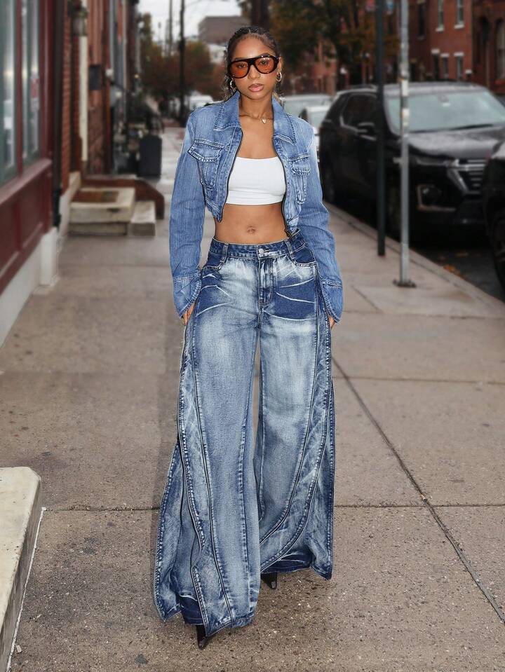 CM-BS561986 Women Casual Seoul Style Low Waist Pocket Loose Extra Long Wide Leg Jeans - Blue