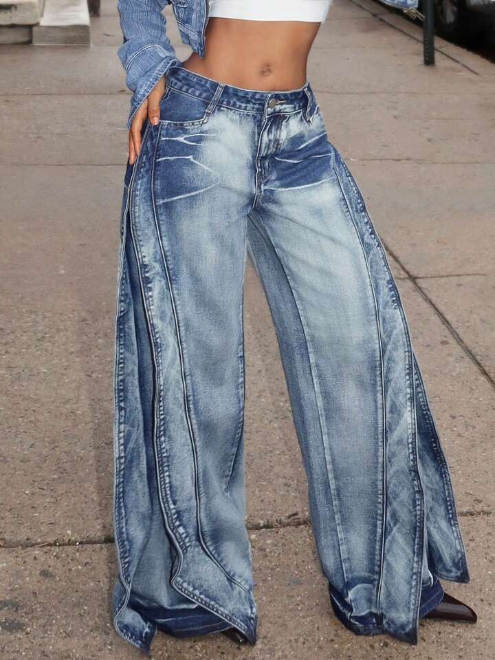 CM-BS561986 Women Casual Seoul Style Low Waist Pocket Loose Extra Long Wide Leg Jeans - Blue
