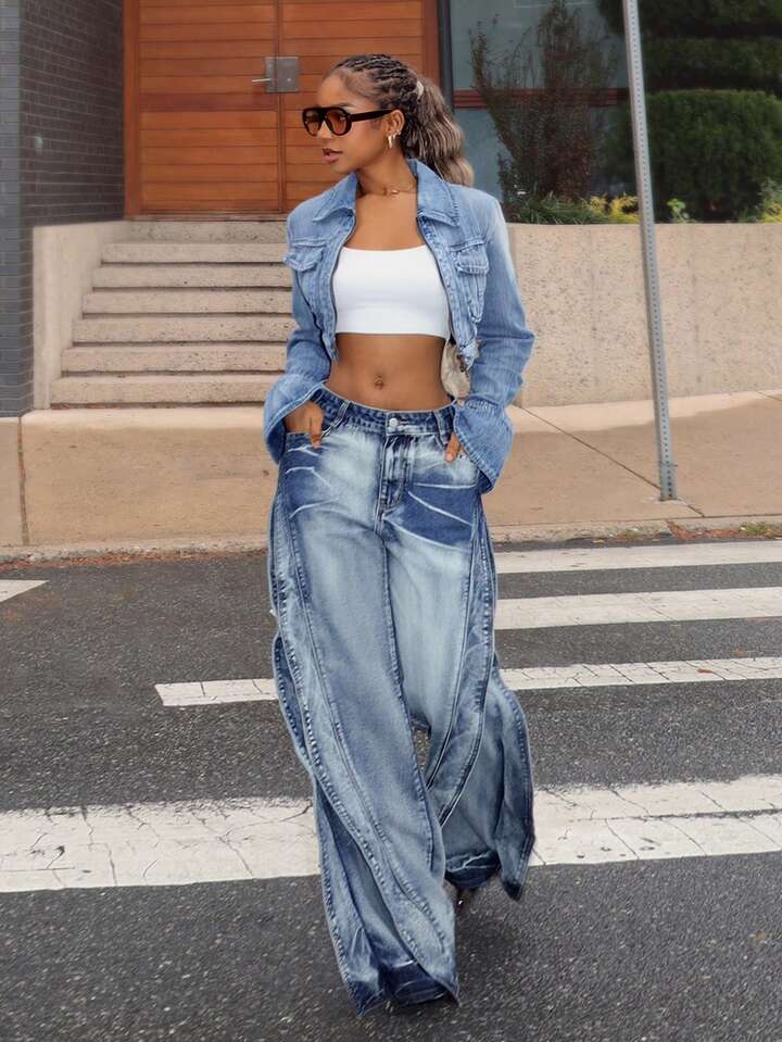 CM-BS561986 Women Casual Seoul Style Low Waist Pocket Loose Extra Long Wide Leg Jeans - Blue