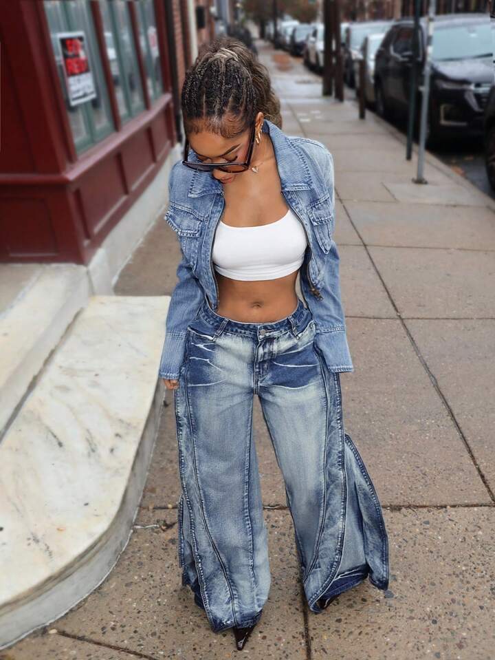 CM-BS561986 Women Casual Seoul Style Low Waist Pocket Loose Extra Long Wide Leg Jeans - Blue