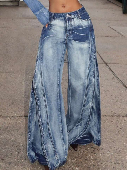 CM-BS561986 Women Casual Seoul Style Low Waist Pocket Loose Extra Long Wide Leg Jeans - Blue