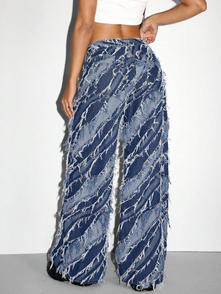 CM-BS087538 Women Casual Seoul Style Low Waist Layered Fringe Detail Zipper Closure Extra Long Denim Jeans - Blue
