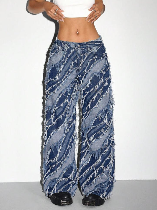 CM-BS087538 Women Casual Seoul Style Low Waist Layered Fringe Detail Zipper Closure Extra Long Denim Jeans - Blue