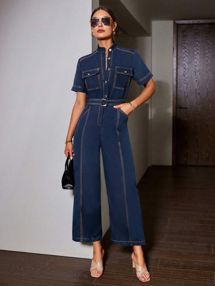 CM-JS445445 Women Elegant Seoul Style Notched Neckline Colorblock Belted Wide Leg Jumpsuit - Blue