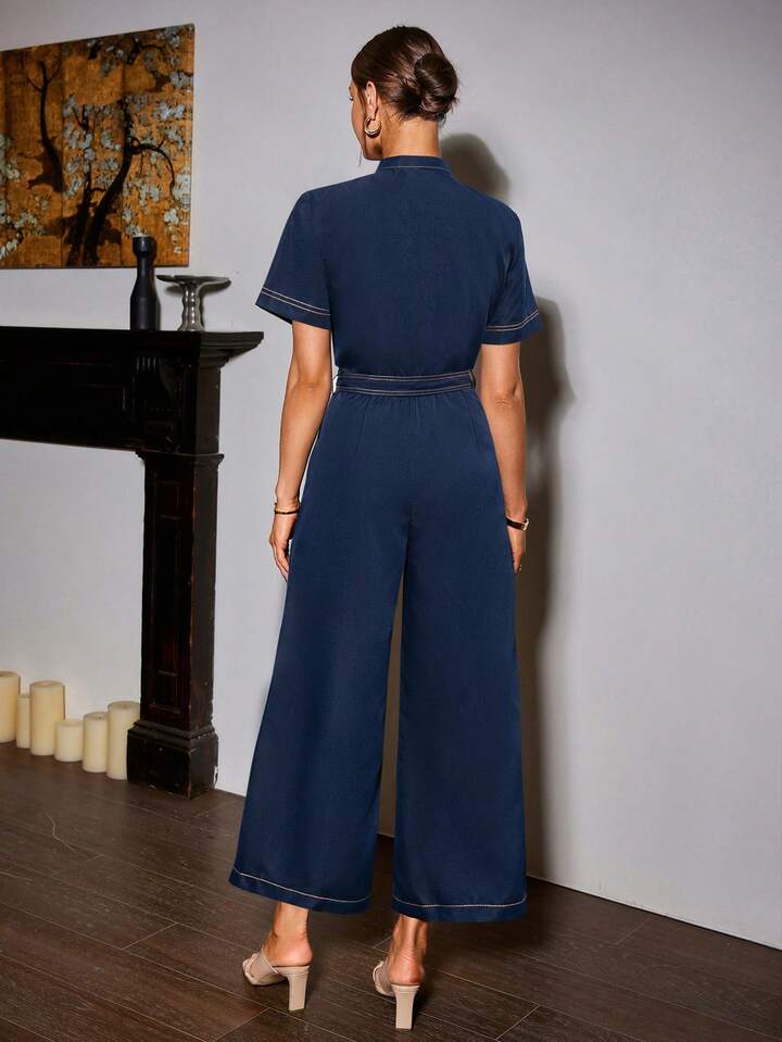 CM-JS445445 Women Elegant Seoul Style Notched Neckline Colorblock Belted Wide Leg Jumpsuit - Blue