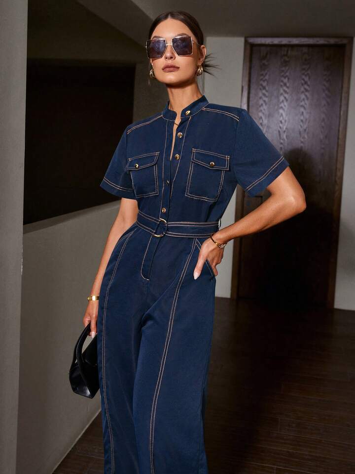CM-JS445445 Women Elegant Seoul Style Notched Neckline Colorblock Belted Wide Leg Jumpsuit - Blue