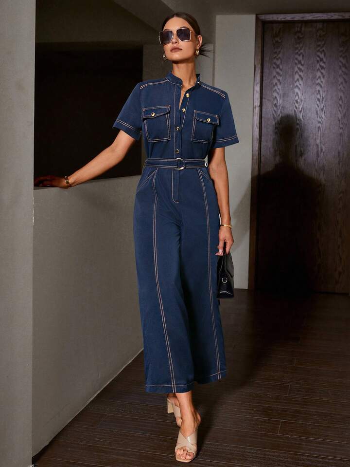 CM-JS445445 Women Elegant Seoul Style Notched Neckline Colorblock Belted Wide Leg Jumpsuit - Blue