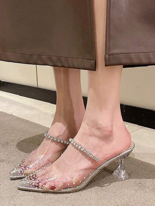 CM-SHS738559 Women Trendy Seoul Style Rhinestone Decor Chunky Heel Slip On Mules - Silver