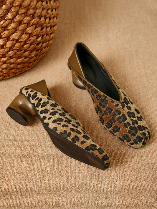 CM-SHS683332 Women Trendy Seoul Style Leopard Print V-Cut Square Toe Chunky Heel Pumps - Brown