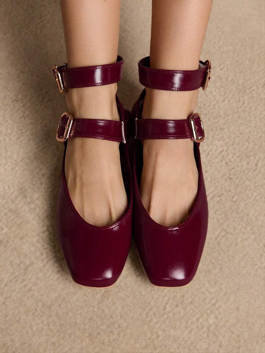 CM-SHS680387 Women Trendy Seoul Style Rhinestone Mary Jane Square Toe Flats - Burgundy
