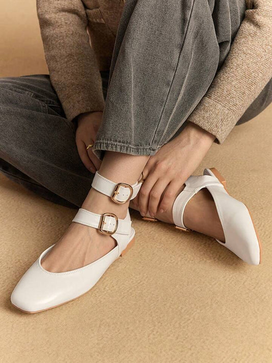 CM-SHS959877 Women Trendy Seoul Style Rhinestone Mary Jane Square Toe Flats - White
