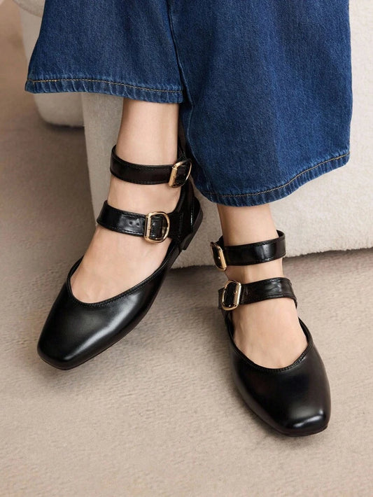 CM-SHS757972 Women Trendy Seoul Style Rhinestone Mary Jane Square Toe Flats - Black