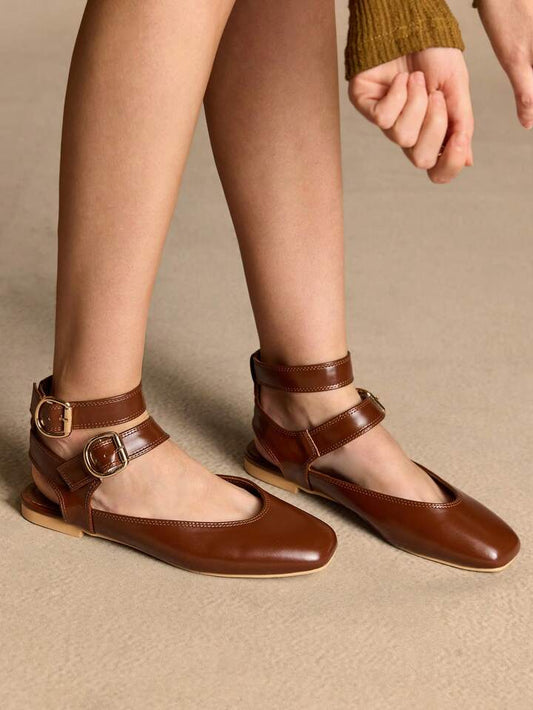 CM-SHS348843 Women Trendy Seoul Style Rhinestone Mary Jane Square Toe Flats - Brown