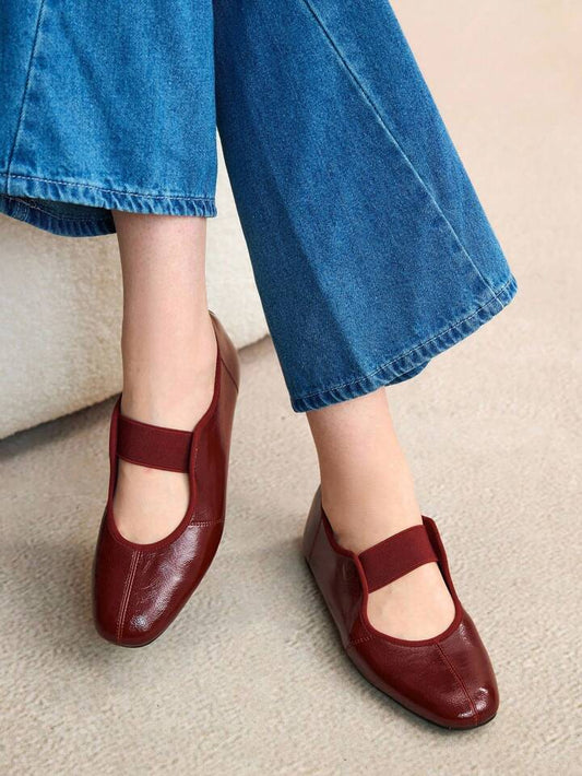 CM-SHS489040 Women Trendy Seoul Style Round Toe Elastic Leather Ballet Shoes - Burgundy