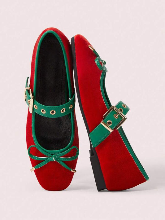CM-SHS181009 Women Trendy Seoul Style Round Toe Suede Color-Block Metal Buckle Bow Ballet Flats Slip-On Loafers - Red