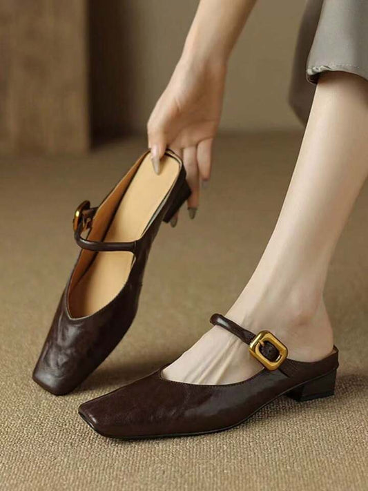 CM-SHS264426 Women Trendy Seoul Style Solid Color Buckle Detail PU Leather Slip-On Flat Shoes - Brown