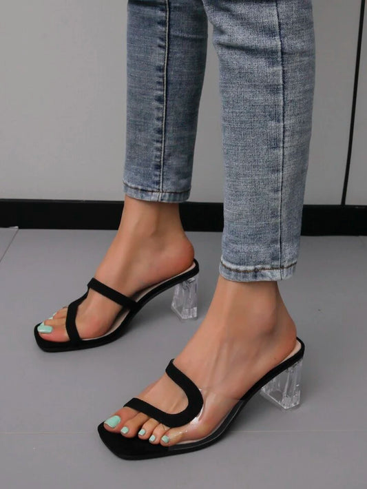 CM-SHS111411 Women Trendy Seoul Style Two Tone Chunky Heeled PVC Sandals - Black