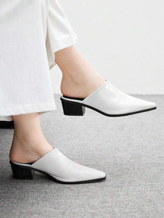 CM-SHS656477 Women Trendy Seoul Style Pointed Toe Block Heel Black Mule Slip-On Pumps - White