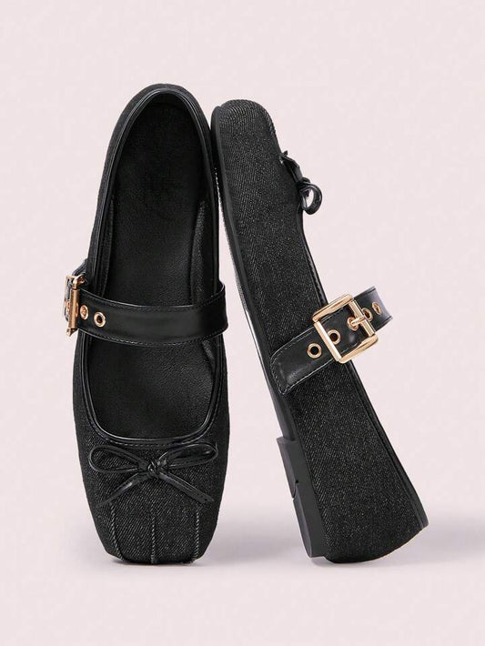 CM-SHS977311 Women Trendy Seoul Style Round Toe Suede Color-Block Metal Buckle Bow Ballet Flats Slip-On Loafers - Black