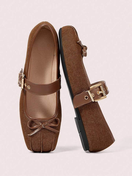 CM-SHS913898 Women Trendy Seoul Style Round Toe Suede Color-Block Metal Buckle Bow Ballet Flats Slip-On Loafers - Brown