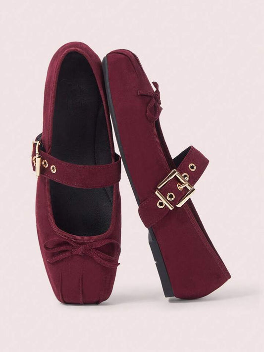 CM-SHS300520 Women Trendy Seoul Style Round Toe Suede Color-Block Metal Buckle Bow Ballet Flats Slip-On Loafers - Burgundy