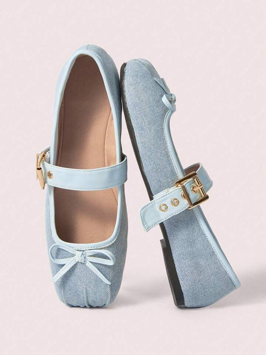 CM-SHS554674 Women Trendy Seoul Style Round Toe Suede Color-Block Metal Buckle Bow Ballet Flats Slip-On Loafers - Baby Blue
