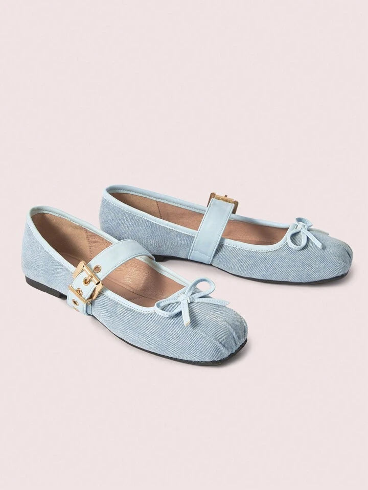CM-SHS554674 Women Trendy Seoul Style Round Toe Suede Color-Block Metal Buckle Bow Ballet Flats Slip-On Loafers - Baby Blue