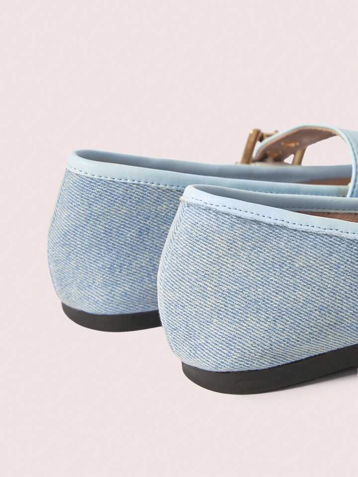 CM-SHS554674 Women Trendy Seoul Style Round Toe Suede Color-Block Metal Buckle Bow Ballet Flats Slip-On Loafers - Baby Blue
